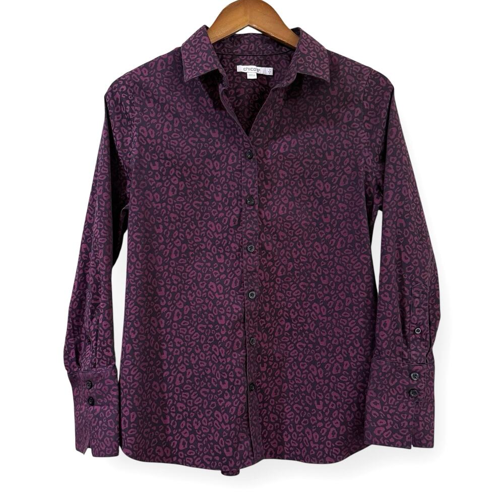 Chicos Purple Leopard Print Shirt Size 0 US 4 Button Up Long Sleeve Stretch